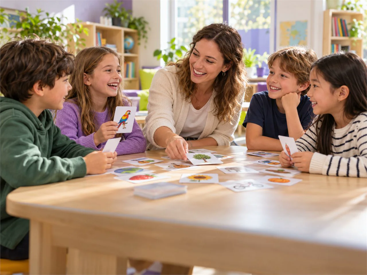Teacher and children enjoying a picture-card language game